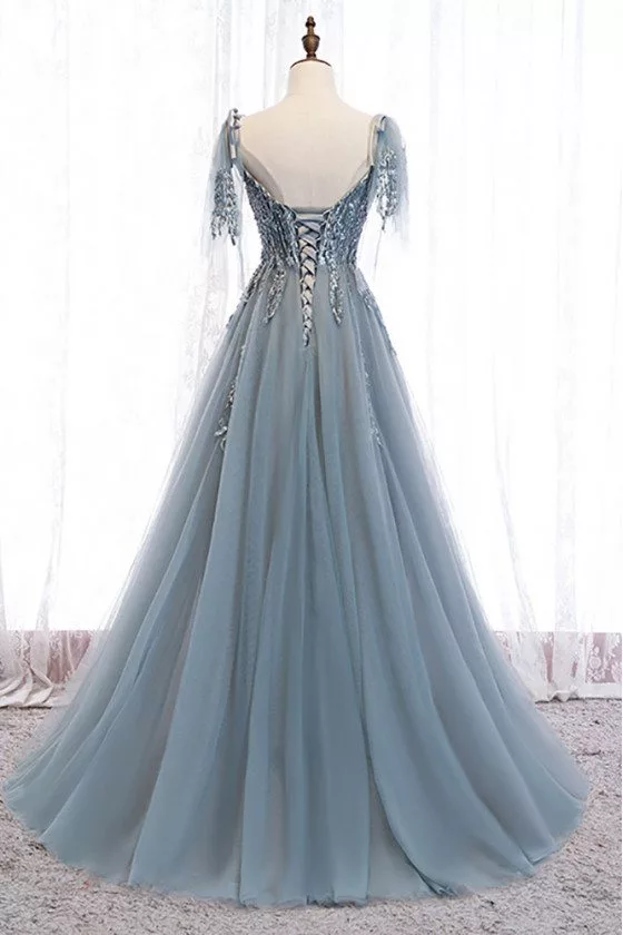 Dusty Blue Sequined Flowy Tulle Prom Dress with Appliques - $115.9776 # ...