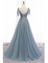Dusty Blue Sequined Flowy Tulle Prom Dress with Appliques - MX16061
