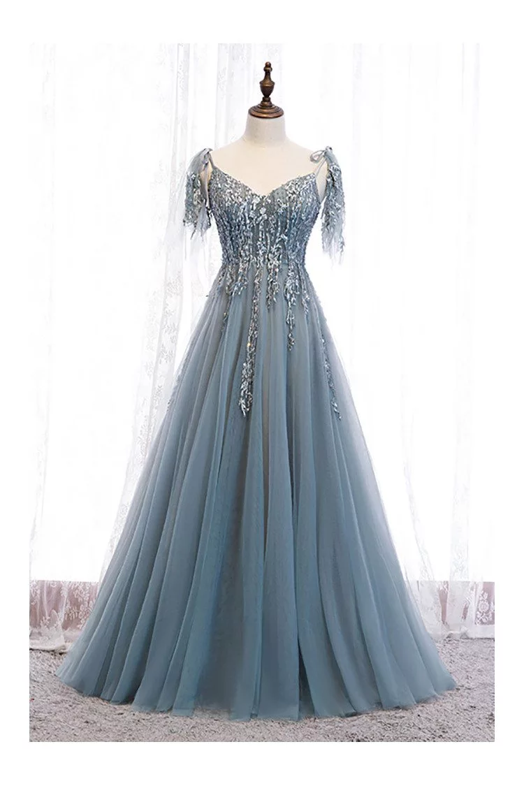 Dusty Blue Sequined Flowy Tulle Prom Dress with Appliques - $115.9776 # ...