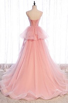 Ruffled Tulle Cute Pink Ballgown Formal Dress with Corset Top - MX16107