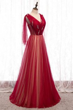 Burgundy Long Tulle Prom Dress Vneck with Dolman Sleeves - MX16119