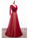 Burgundy Long Tulle Prom Dress Vneck with Dolman Sleeves - MX16119