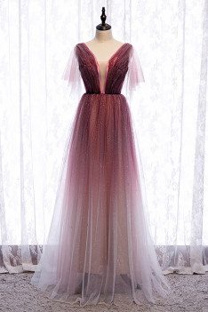 Fantasy Bling Tulle Aline Long Prom Dress with Deep Vneck Tulle Sleeves - MX16023