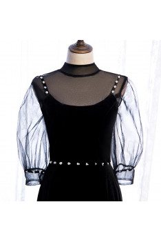 Long Black Evening Dress Elegant with Sheer Neckline Sleeves - MX16089