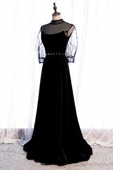 Long Black Evening Dress Elegant with Sheer Neckline Sleeves - MX16089