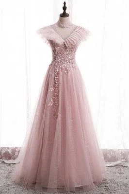 Bling Mesh Tulle Long Prom Dress with Petals Beadings - MX16048