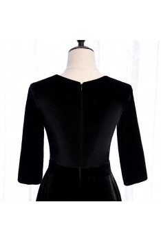 Retro Tea Length Black Velvet Party Dress Beaded Vneck with Sleeves - MX16090