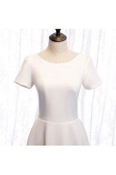 Modest White Tea Length Party Dress with Short Sleeves - MX16130