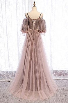 Fairy Long Tulle Prom Dress Cold Shoulder Sleeved with Straps - MX16016