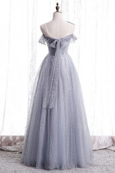 Bling Tulle Dusty Blue  Prom Dress with Bow Knot In Back - MX16098