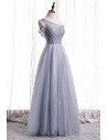 Bling Tulle Dusty Blue  Prom Dress with Bow Knot In Back - MX16098