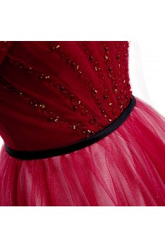 Burgundy Tea Length Sequined Tulle Party Dress Off Shoulder - MX16035