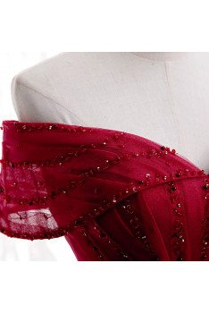 Burgundy Tea Length Sequined Tulle Party Dress Off Shoulder - MX16035