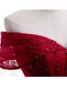 Burgundy Tea Length Sequined Tulle Party Dress Off Shoulder - MX16035