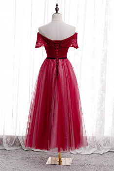Burgundy Tea Length Sequined Tulle Party Dress Off Shoulder - MX16035