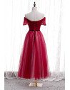 Burgundy Tea Length Sequined Tulle Party Dress Off Shoulder - MX16035