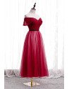 Burgundy Tea Length Sequined Tulle Party Dress Off Shoulder - MX16035