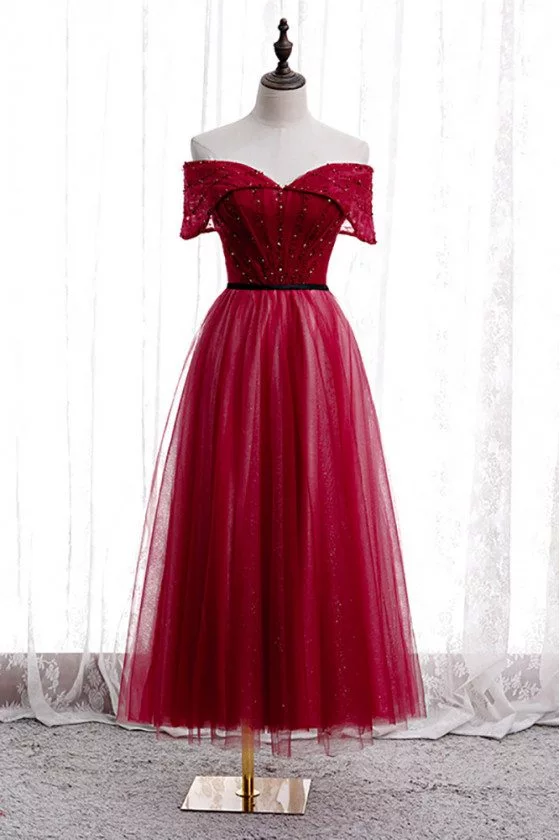 Burgundy Tea Length Sequined Tulle Party Dress Off Shoulder - MX16035