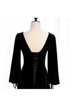 Formal Long Black Velvet Evening Dress Vneck with Long Sleeves - MX16088