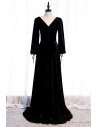 Formal Long Black Velvet Evening Dress Vneck with Long Sleeves - MX16088