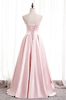 Pleated Pink Satin Formal Dress Strapless with Beadings - MX16103