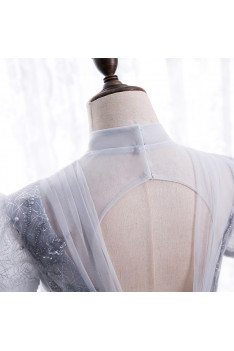 Grey High Neck Elegant Prom Dress Beaded with Short Sleeves - MX16067