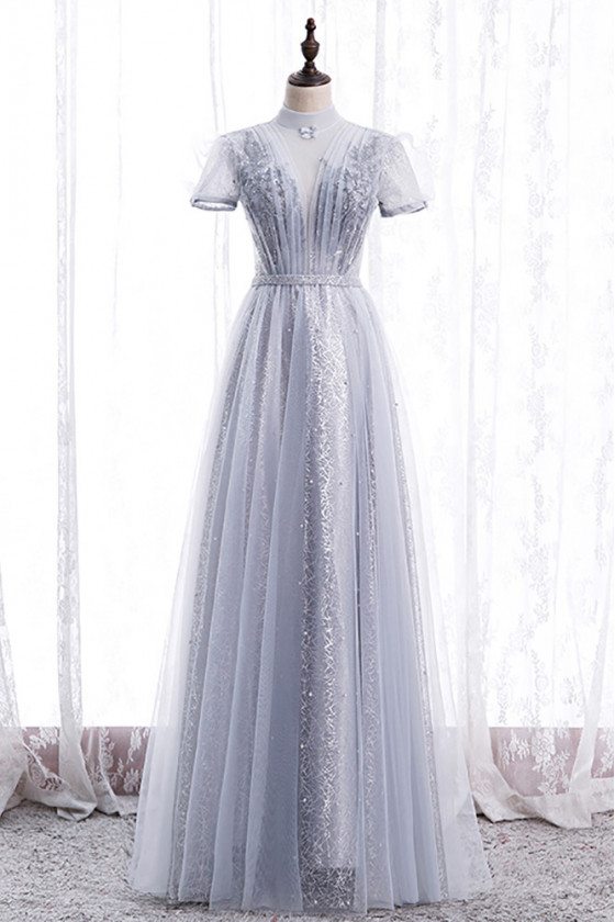 Grey High Neck Elegant Prom Dress Beaded with Short Sleeves - MX16067