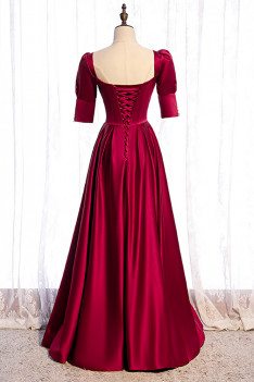 Elegant Square Neckline Satin Formal Dress Aline with Bubble Sleeves - MX16092