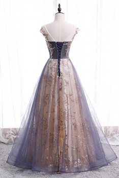 Illusion Round Neck Dusty Tulle Prom Dress with Bling - MX16022