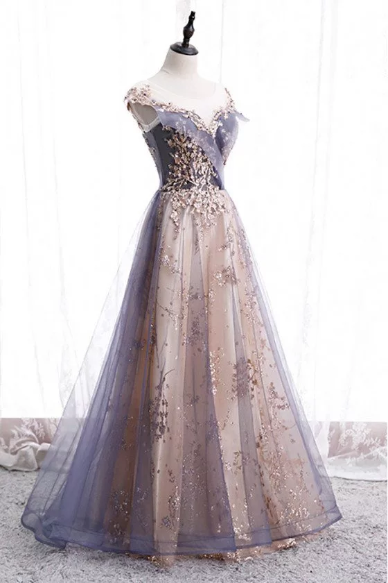 Illusion Round Neck Dusty Tulle Prom Dress with Bling - $128.9808