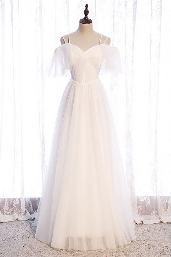 Pretty White Aline Long Tulle Formal Dress with Straps - MX16100