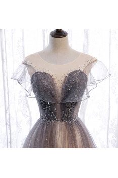 Elegant Bling Tulle Prom Dress Grey Illusion Neckline with Stars 