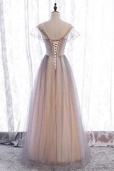 Elegant Bling Tulle Prom Dress Grey Illusion Neckline with Stars - MX16057