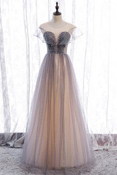 Elegant Bling Tulle Prom Dress Grey Illusion Neckline with Stars - MX16057