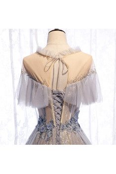 Flowy Beautiful Grey Tulle Prom Dress Unique with Beadings - MX16003