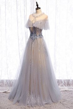 Flowy Beautiful Grey Tulle Prom Dress Unique with Beadings - MX16003