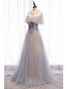 Flowy Beautiful Grey Tulle Prom Dress Unique with Beadings - MX16003