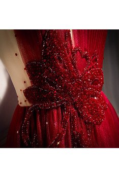 Sequined Deep Vneck Burgundy Prom Dress Bling with Jeweled Waist - MX16020