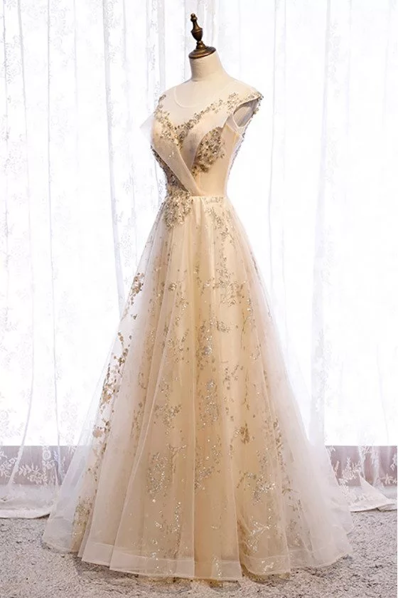 Champagne Gold Long Prom Dress Elegant with Gold Sequins - $131.9832  #MX16009 - SheProm.com