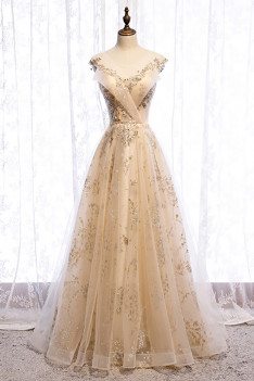 Champagne Gold Long Prom Dress Elegant with Gold Sequins - MX16009