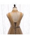 Flowy Champagne Tulle Evening Prom Dress Deep Vneck with Beaded High Neck - MX16010