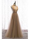 Flowy Champagne Tulle Evening Prom Dress Deep Vneck with Beaded High Neck - MX16010