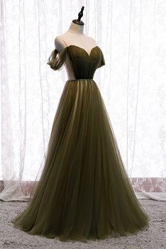 Dusty Green Tulle Pleated Formal Prom Dress with Beaded Waist - MX16039