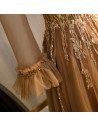 Gold Long Tulle Prom Dress Illusion Round Neck with Sheer Sleeves - MX16079