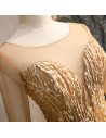 Gold Long Tulle Prom Dress Illusion Round Neck with Sheer Sleeves - MX16079