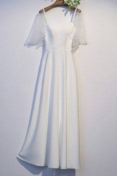 Simple White Satin Long Prom Dress with Dolman Sleeves - MX16086