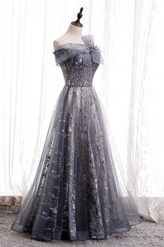 Dusty Purple Long Tulle Prom Dress with Big Bow Off Shoulder - MX16105