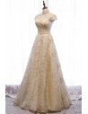 Gold Sequined Pattern Long Prom Dress Beaded with Cap Sleeves - MX16087