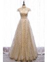 Gold Sequined Pattern Long Prom Dress Beaded with Cap Sleeves - MX16087