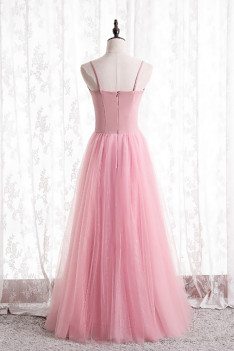 Simple Pink Tulle Prom Dress Aline with Spaghetti Straps - MX16120